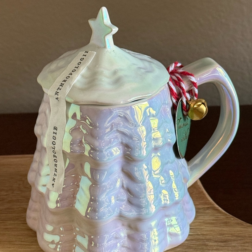 NWT Anthropologie white luster Christmas Tree Coffee Mug lidded decor anthro